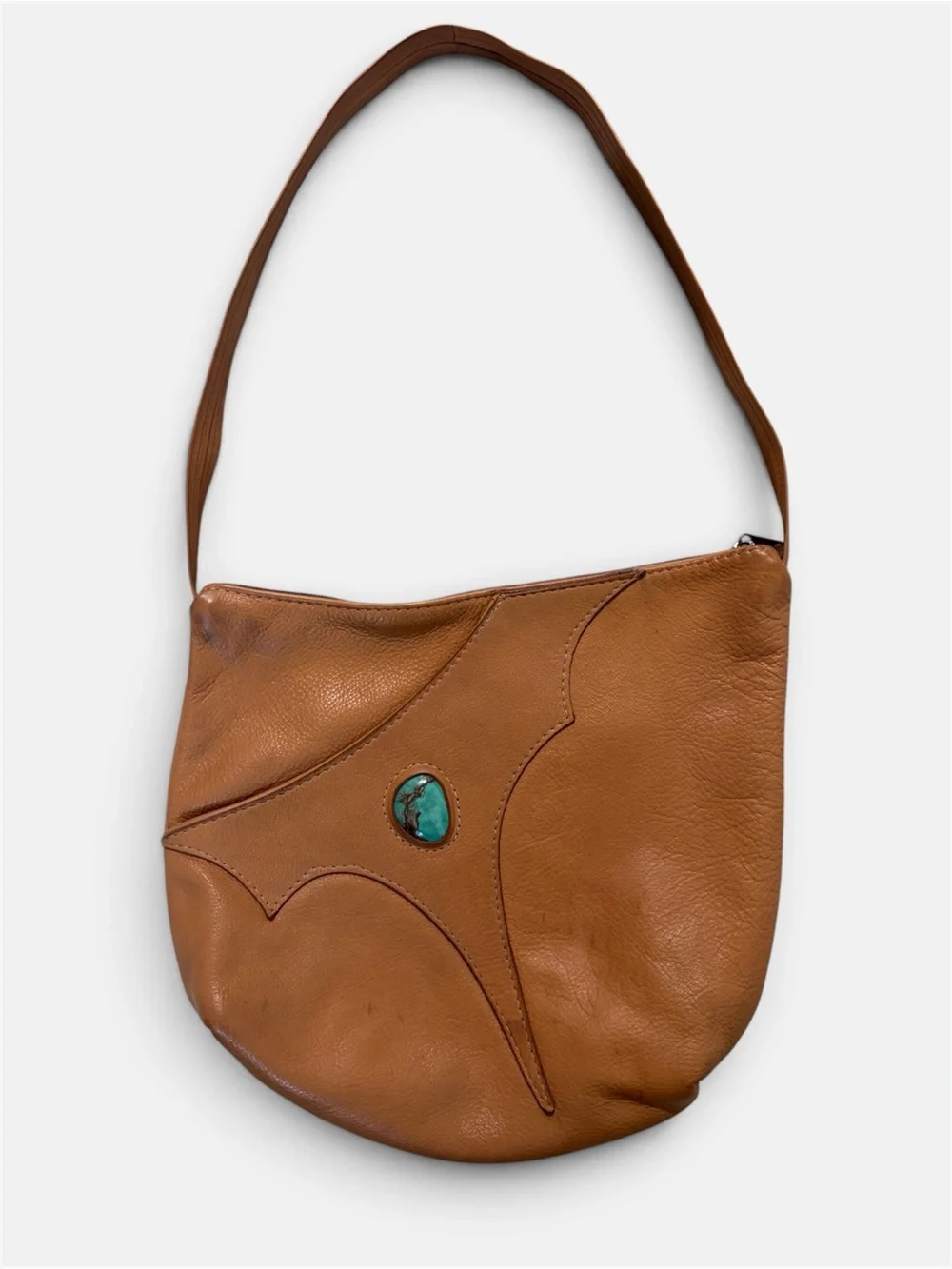 Handmade Tan Leather Big Pocket Bag with Turquoise Touchstone